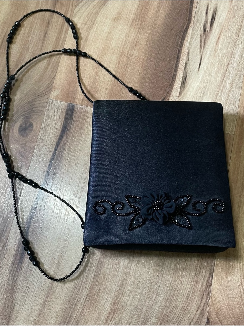 Jessica McClintock Vintage Black Satin Floral Beaded Evening Bag